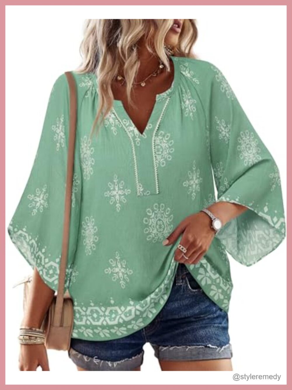 Womens Boho Blouse 3/4 Bell Sleeve V Neck Floral Loose Fit Linen Top